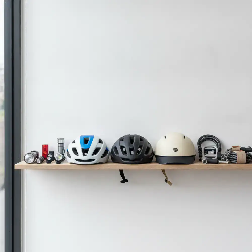 Colección de cascos, luces y candados de bicicleta