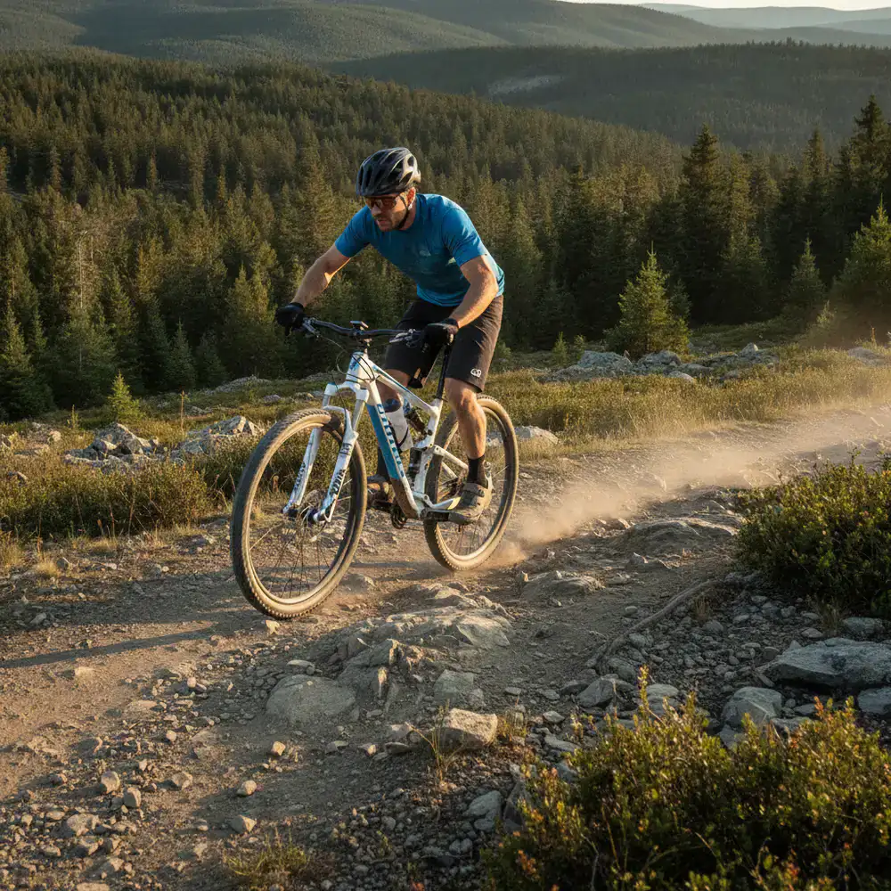 Ciclista pedaleando con esfuerzo en una bicicleta de montaña BrightPlatform