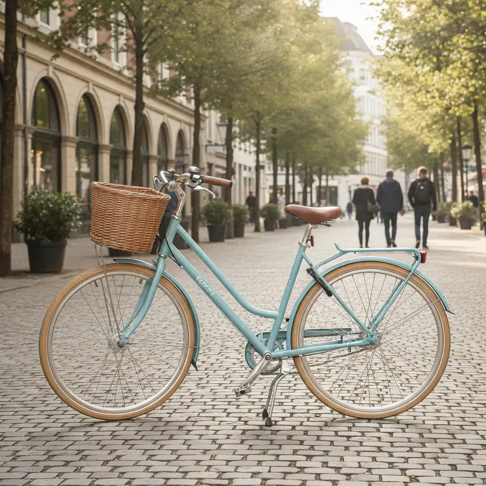 Bicicleta urbana EcoCity estacionada en una calle peatonal