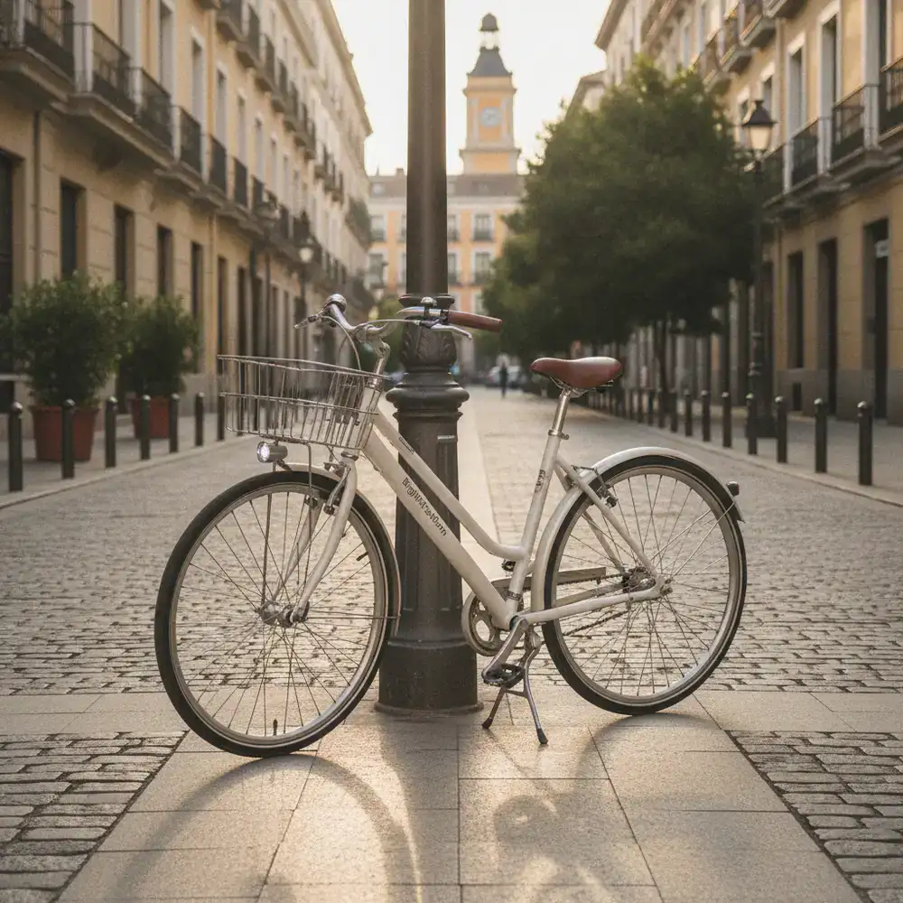 Bicicleta urbana BrightPlatform aparcada en una calle adoquinada de Madrid