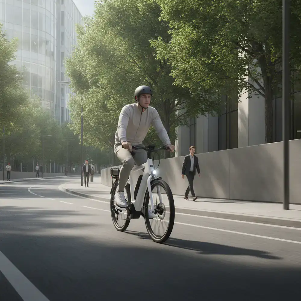 Bicicleta eléctrica BrightPlatform subiendo una pendiente en la ciudad