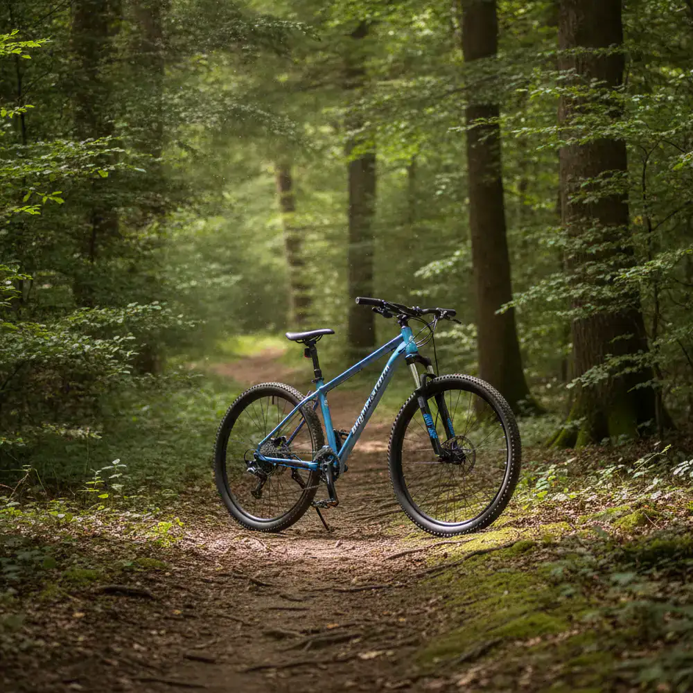 Bicicleta de montaña BrightPlatform en un sendero forestal