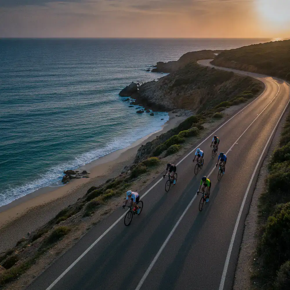 Grupo de ciclistas rodando por una ruta costera al atardecer