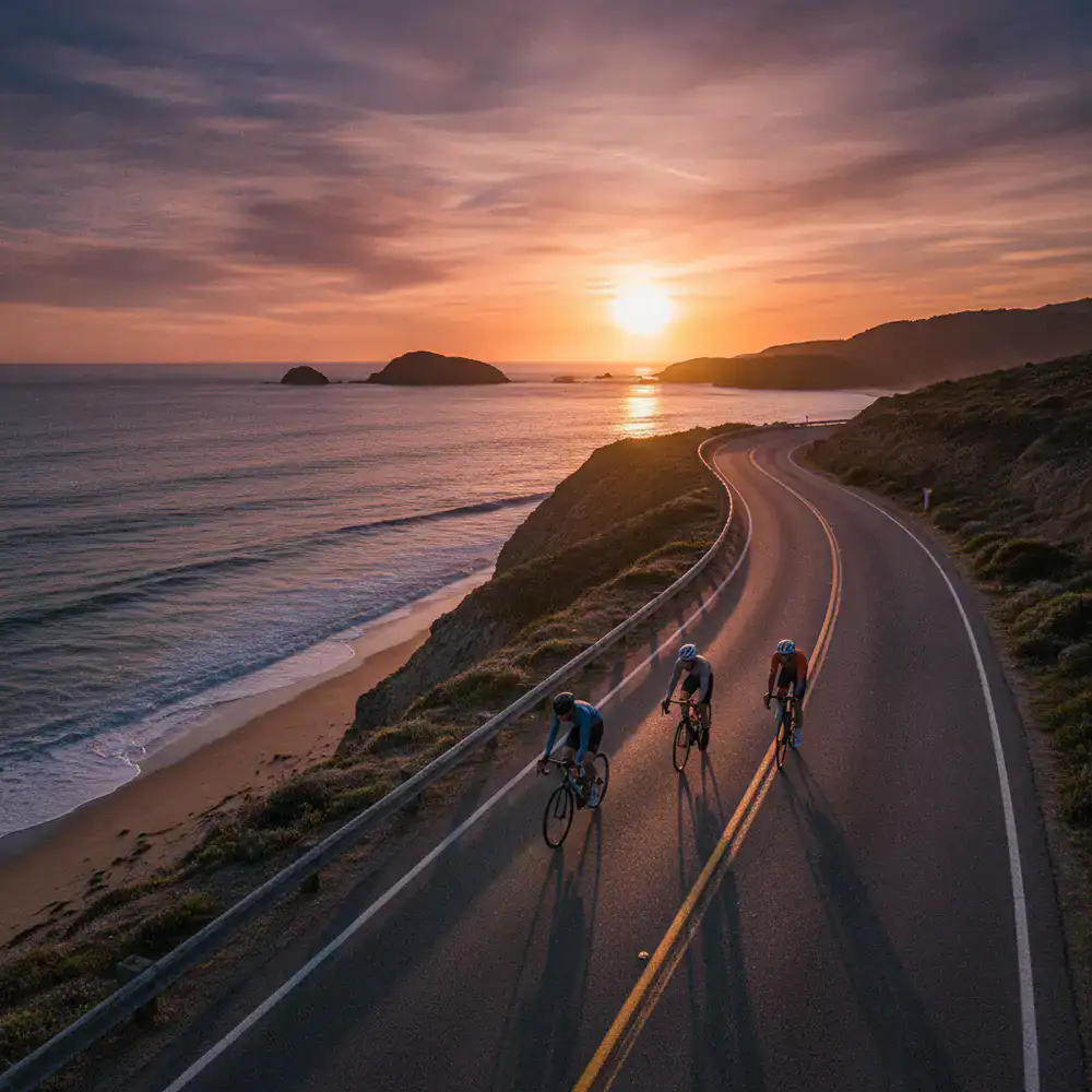 Ciclistas en ruta costera al atardecer