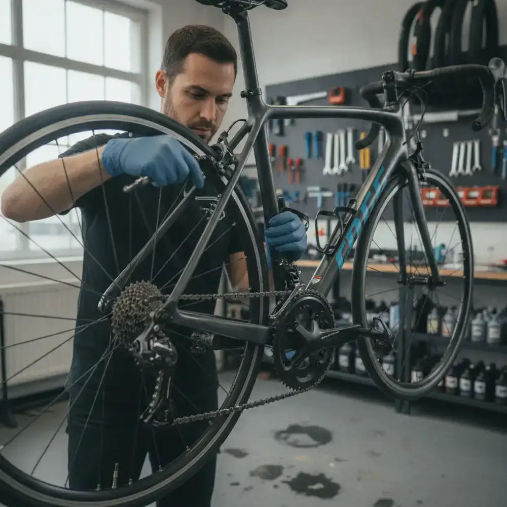 Mecánico ajustando componentes de una bicicleta en el taller